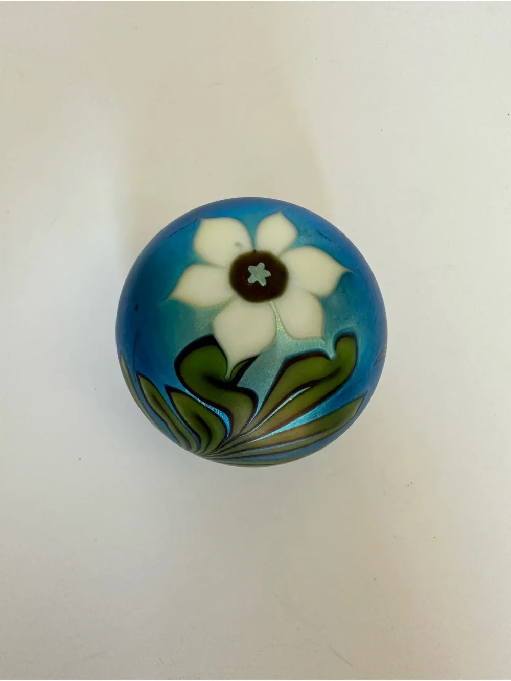 Vintage Orient & Flume Glass Blue & White Flower Iridescent Paperweight-1977